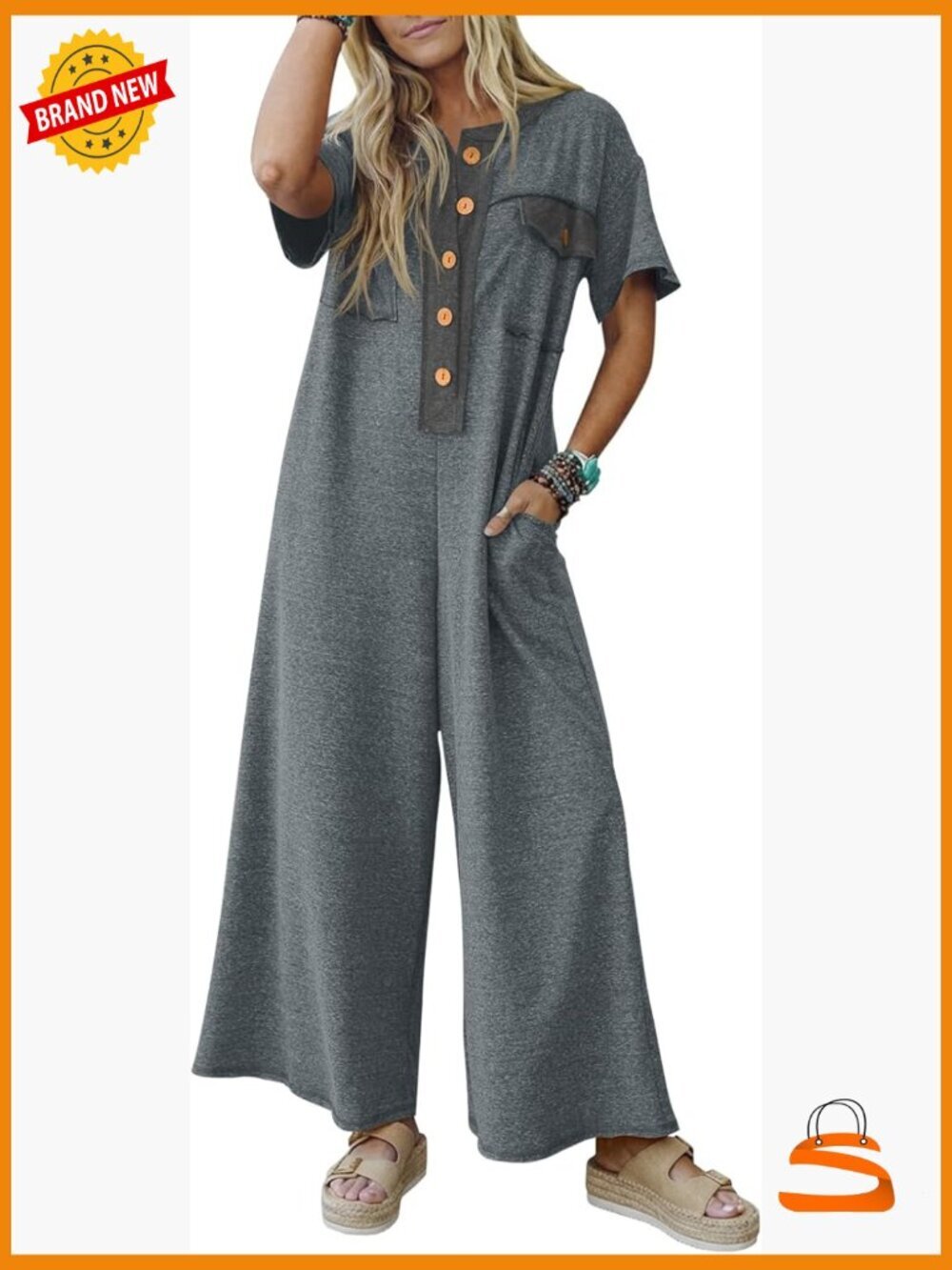 Medium V-Neck Button Jumpsuit Wide Leg Romper Polyester Blend Casual